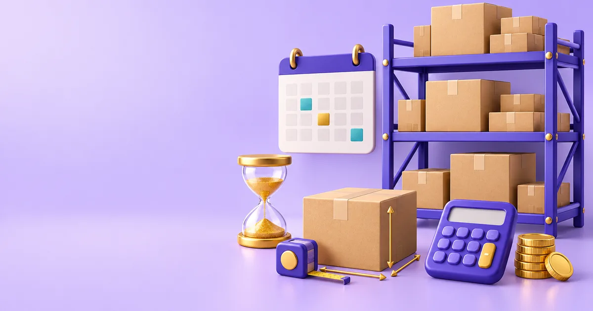 Amazon FBA storage fee calculator — warehouse shelves, boxes and a calendar for Q4 peak storage