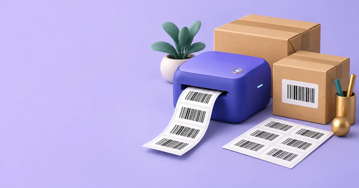 FNSKU label generator — Amazon FBA barcode labels on a label sheet and a thermal roll next to shipping boxes