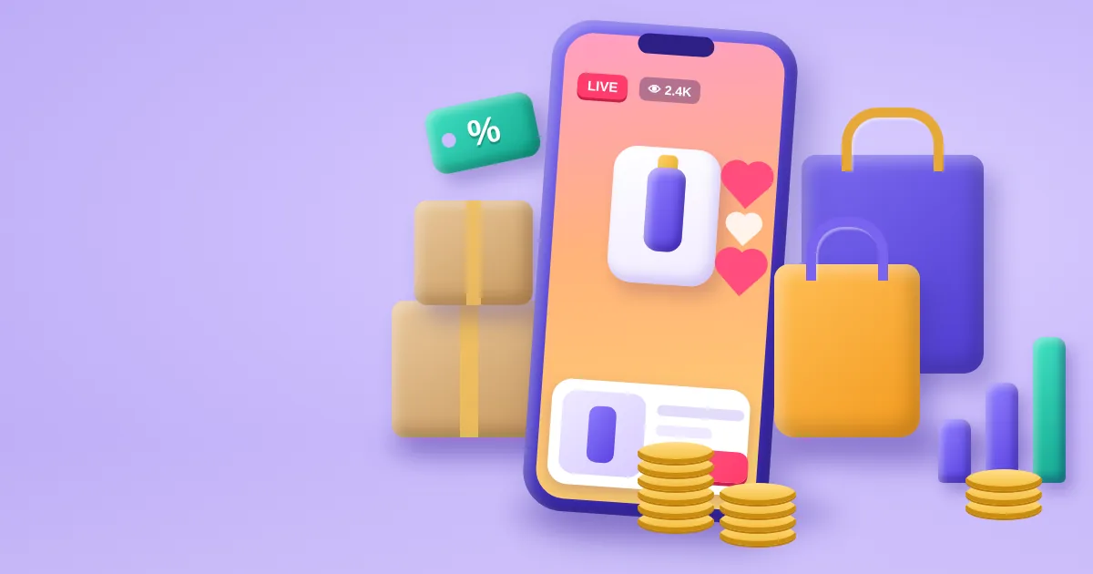 TikTok Shop fee calculator — phone with a live shopping video, parcels and a profit chart